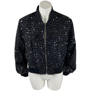 L Love Women Large Jacket Black Sequin Full Zip Bomber Style NWT